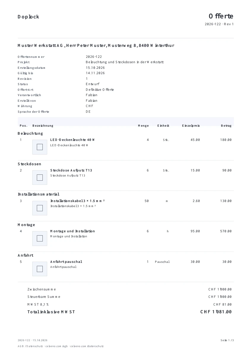 Originale Demo-Offerte: Werkstattbeleuchtung, Positionen und Total CHF 1’081.00