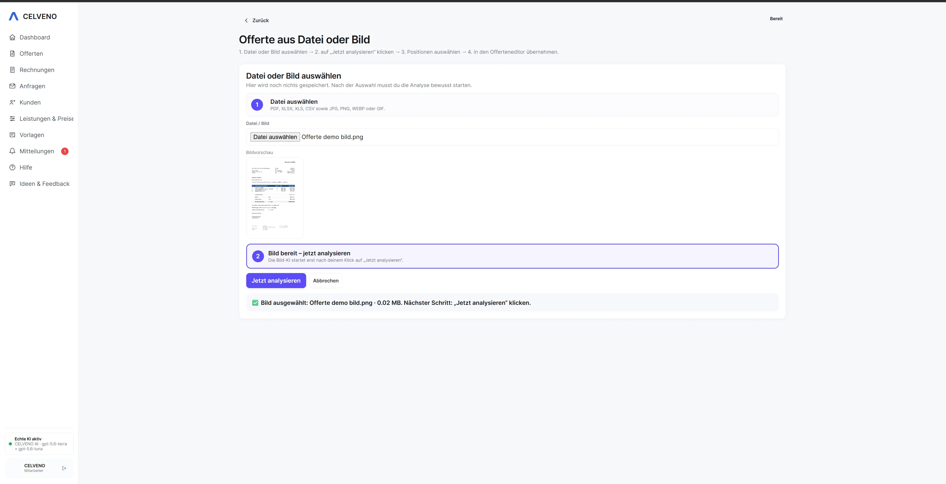 CELVENO AI analysiert Datei oder Bild als Vorschlag