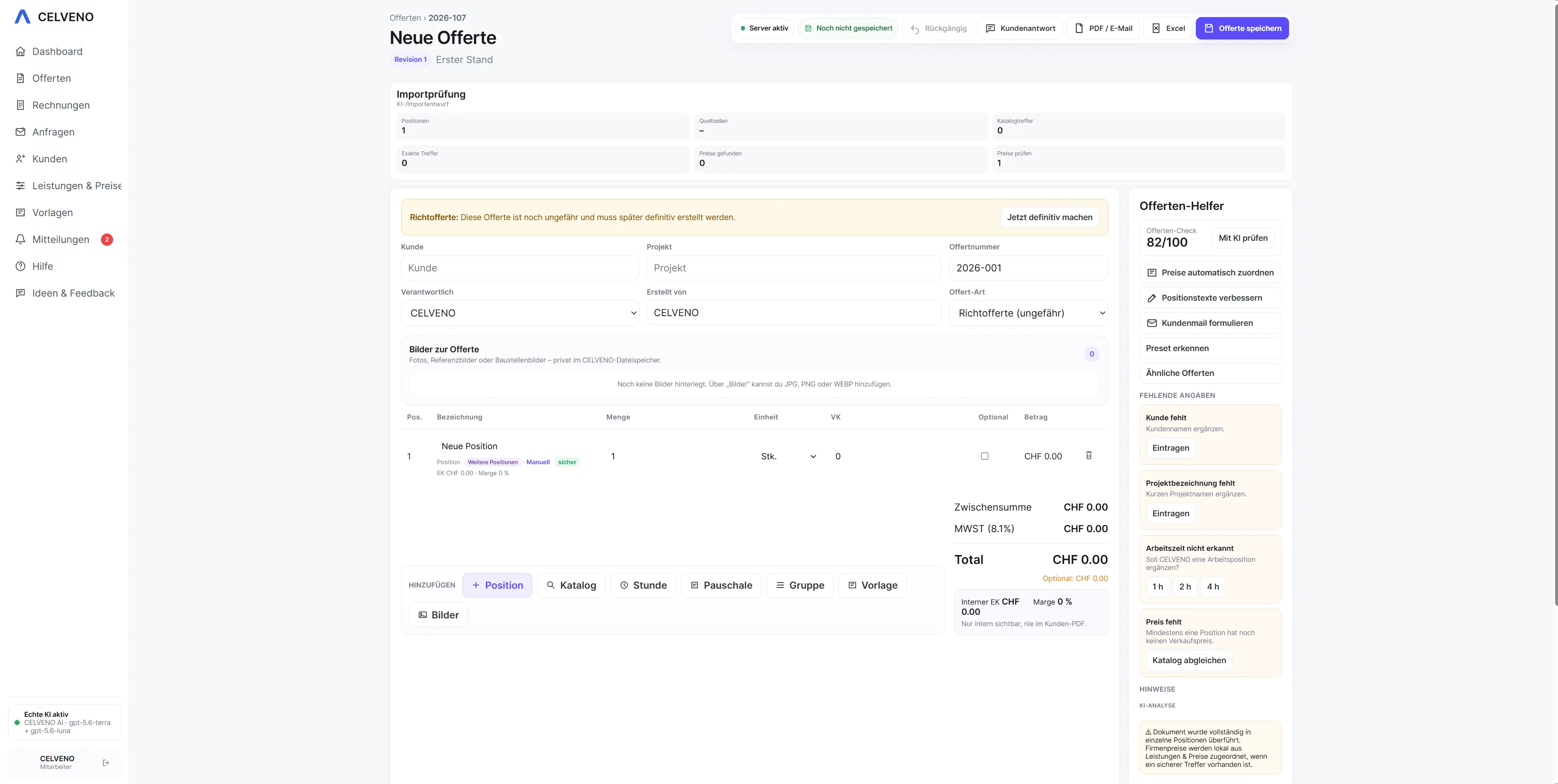 CELVENO Offerte mit Projektpositionen und Kalkulation