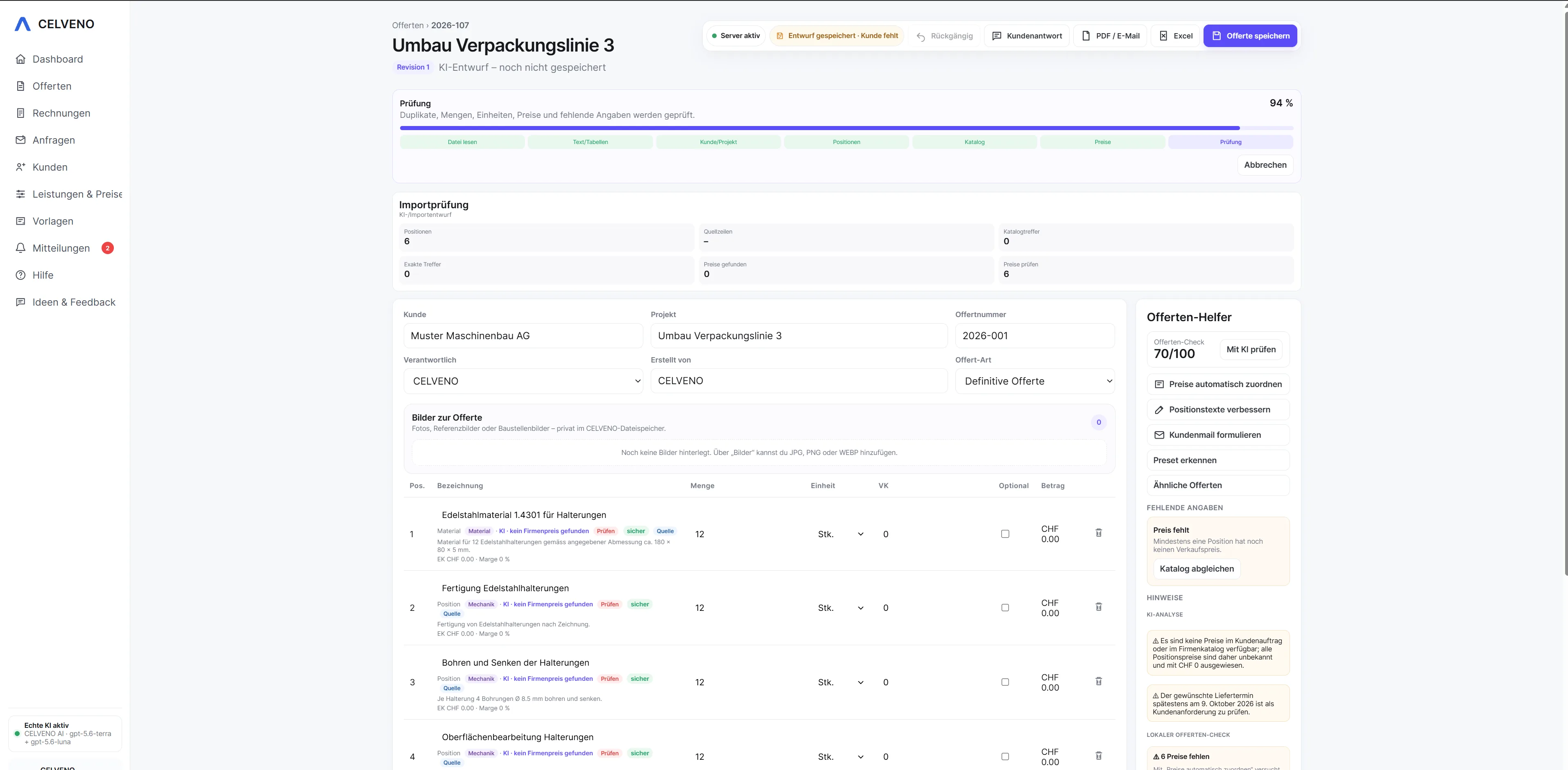 CELVENO Assist mit Hinweisen im Offertenprozess