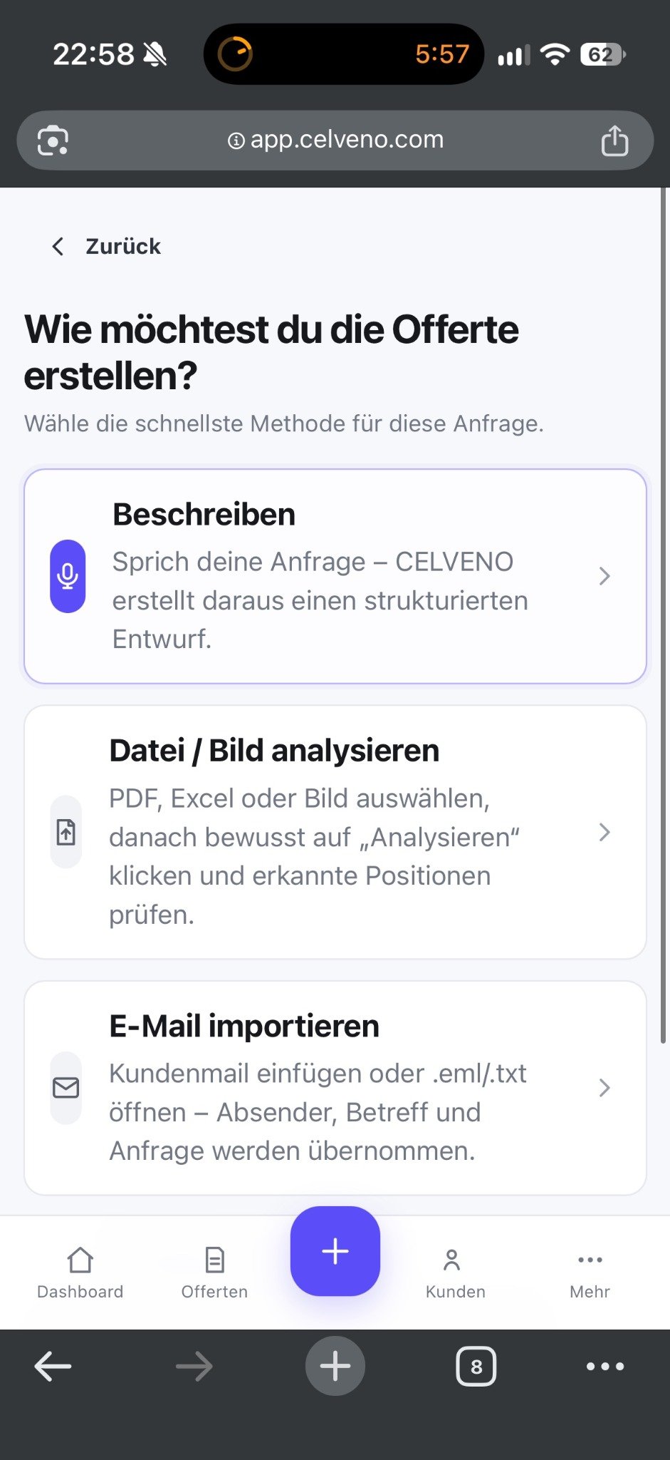 Offerte in CELVENO auf dem Smartphone erstellen