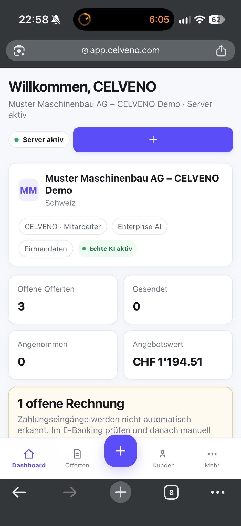 CELVENO-Dashboard auf dem Smartphone